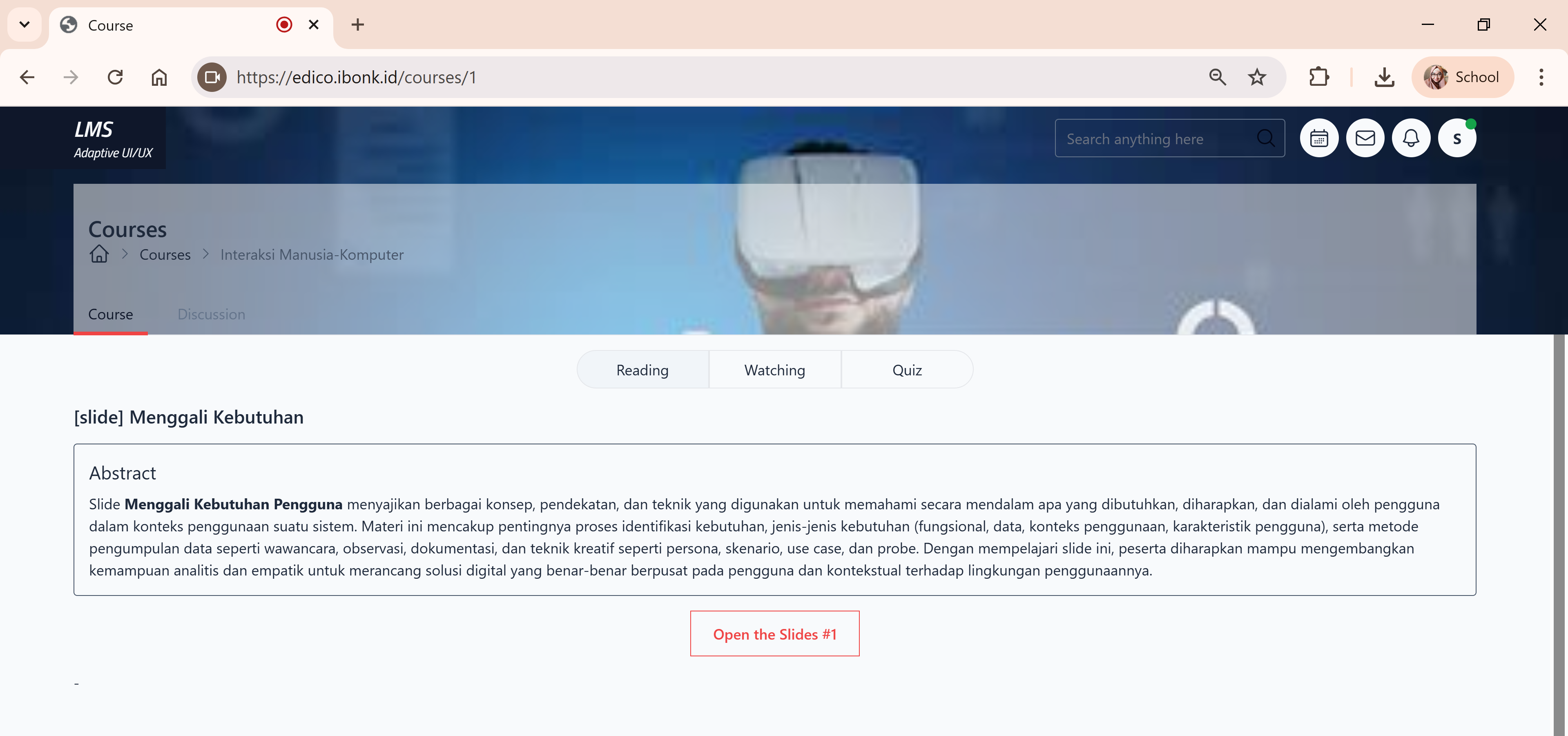 Antarmuka AdaptiXLearn - Tampilan 1